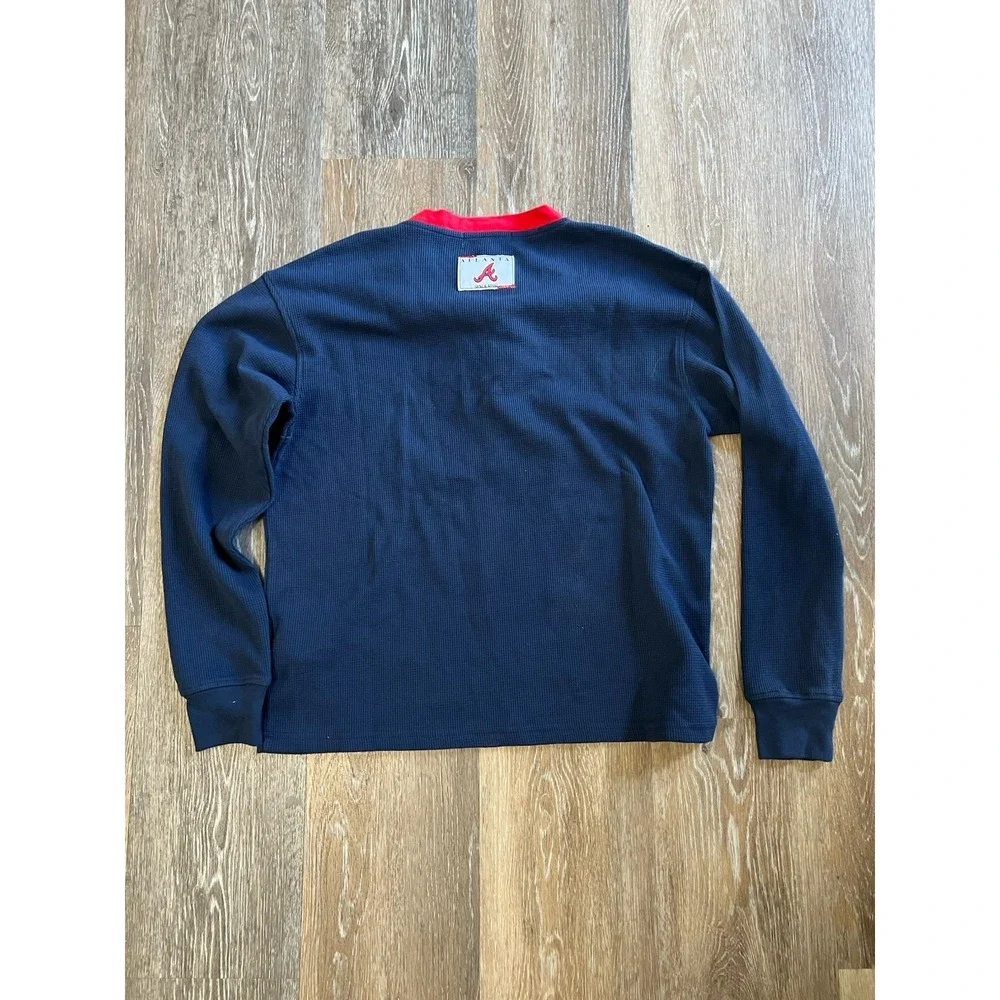Women's Atlanta Braves WEAR By Erin Andrews Navy Waffle Henley Long Sleeve Tshir